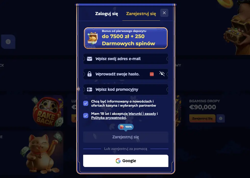 Manekispin Utworzenie konta